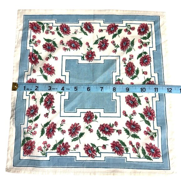 Cotton handkerchief hankie 13 in. by 12-1/4 in. White, Blue with Pink Flowers - Picture 4 of 9